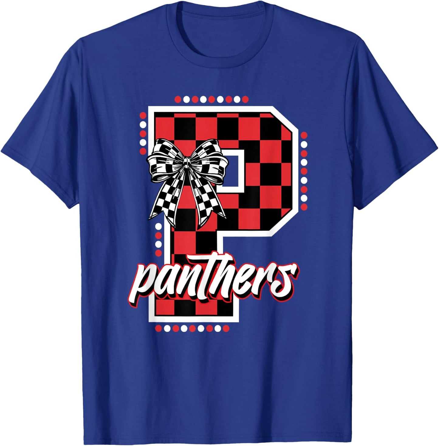 Panthers Checkered Print Letter Coquette Bow School Spirit T-Shirt - T-Shirt | Royal
