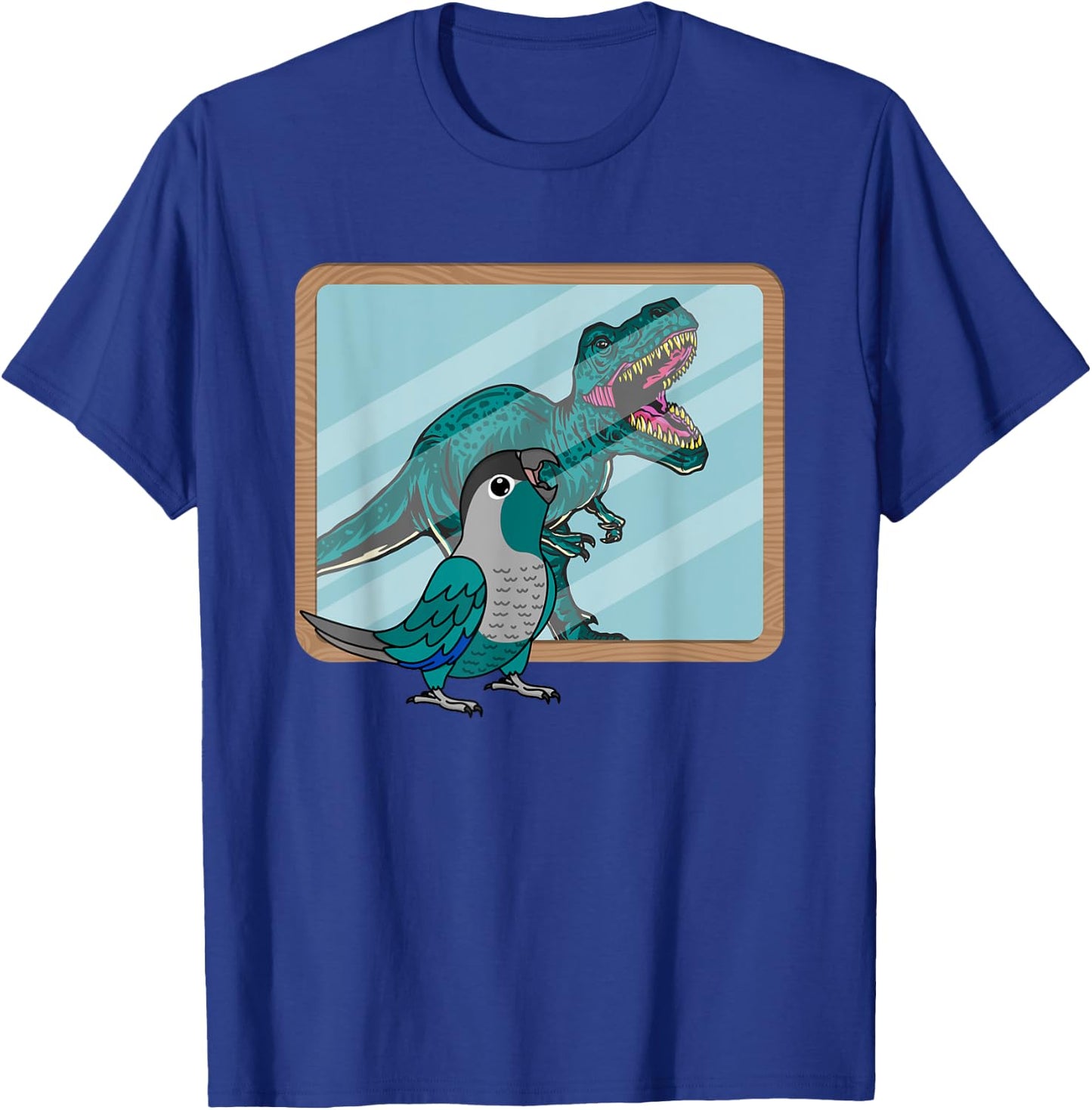 Funny Birds Gifts for Birders and Bird Breeders Parrot & T Rex Reflection I Turquoise Green Cheek Conure T-Shirt - T-Shirt | Royal
