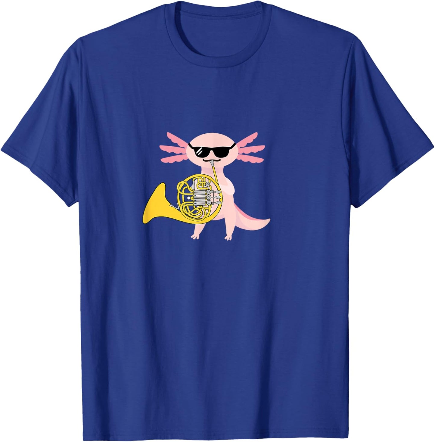 Funny Axolotl Wearing Sunglasses Playing French Horn T-Shirt - T-Shirt | Royal