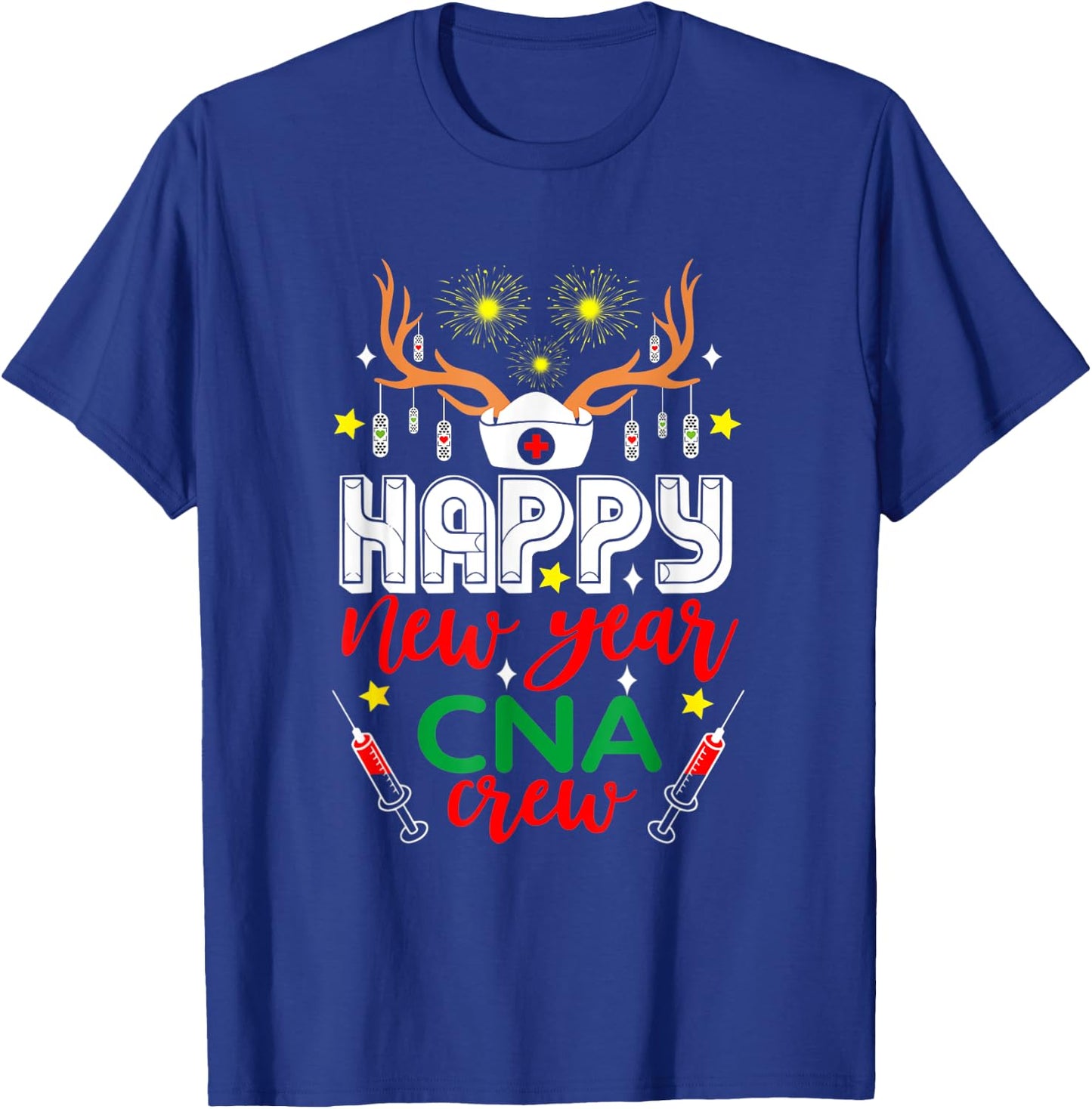 Funny Reindeer Horn Nurse Christmas Happy New Year CNA Crew T-Shirt - T-Shirt | Royal