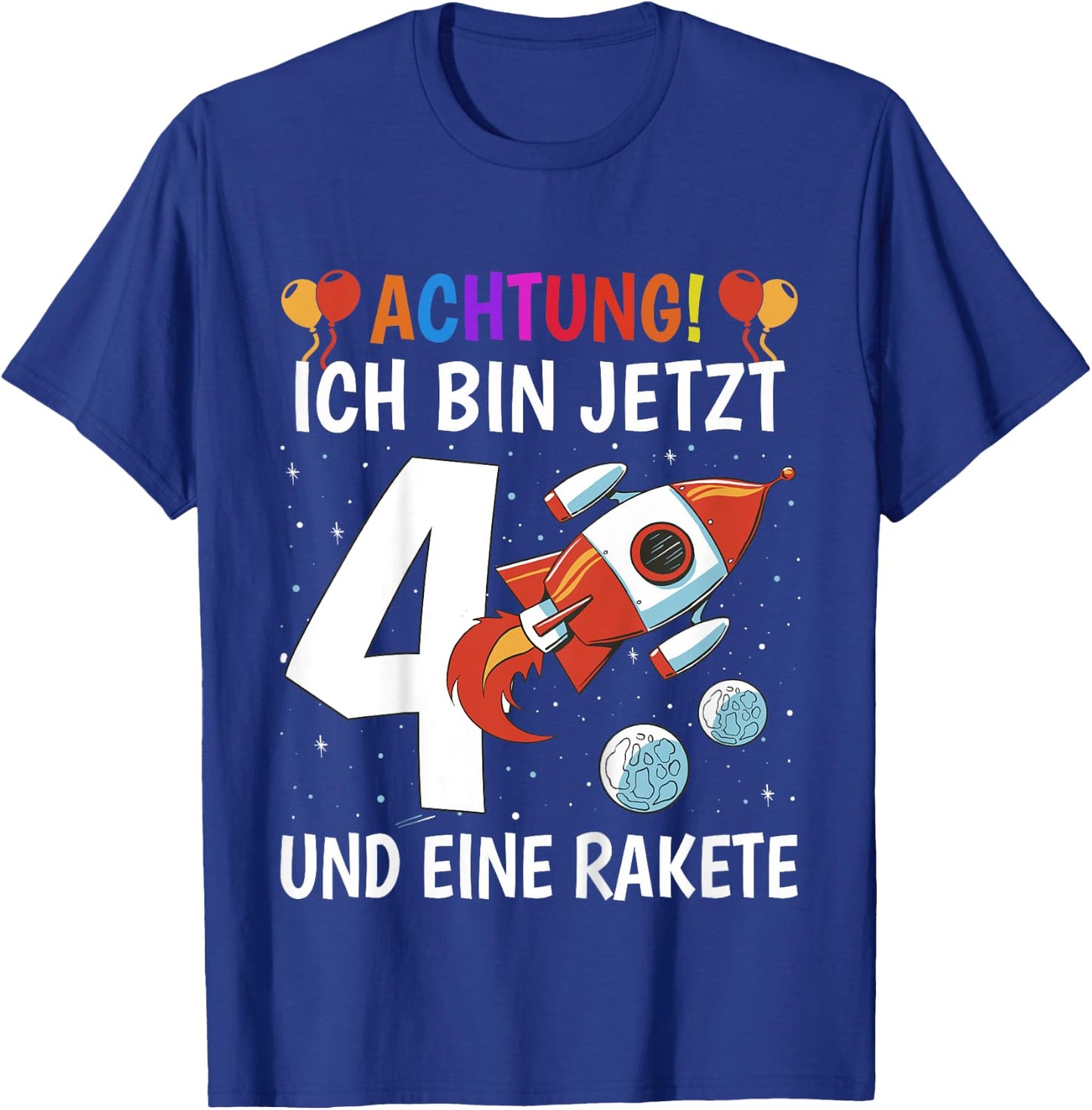 Children's 4th Birthday Boys 4 Years - Planets Space Rocket , black T-Shirt - T-Shirt | Royal