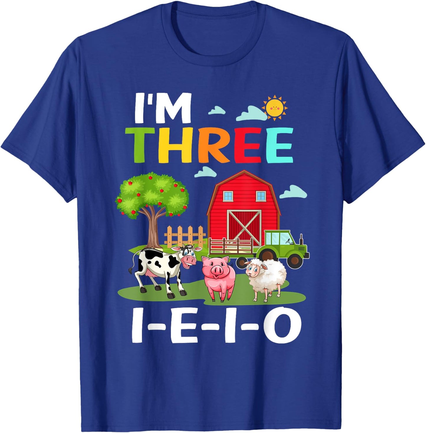 Three I E I O Farm Party 3rd Bday Girl 3 Years Old Farmer T-Shirt - T-Shirt | Royal
