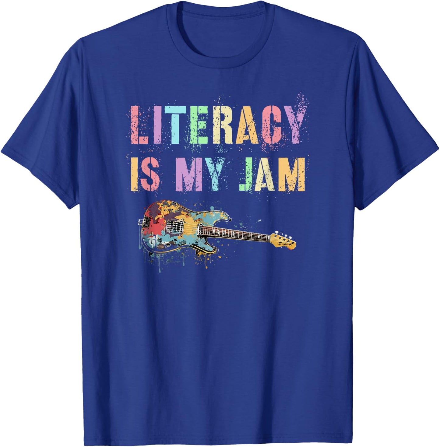 Vintage LITERACY IS MY JAM Teacher Library Rockstar Reading T-Shirt - T-Shirt | Royal