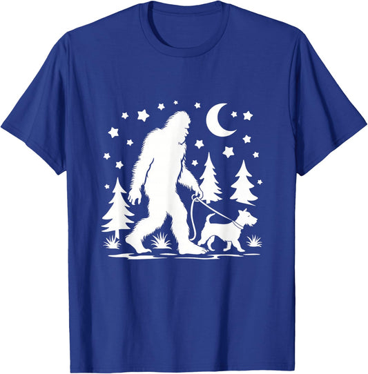 Bigfoot Walking With Jack Russell Terrier Sasquatch & Dog T-Shirt - T-Shirt | Royal