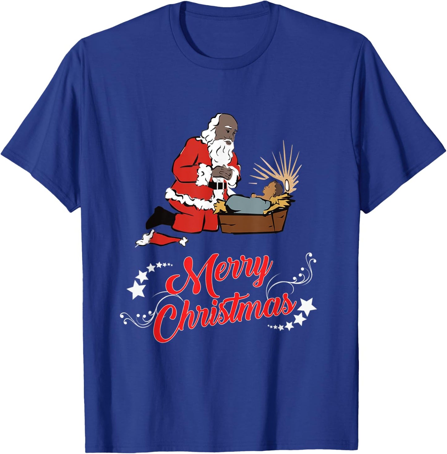 Dark Skin Santa Kneeling And Praying At The Feet Of Jesus T-Shirt - T-Shirt | Royal