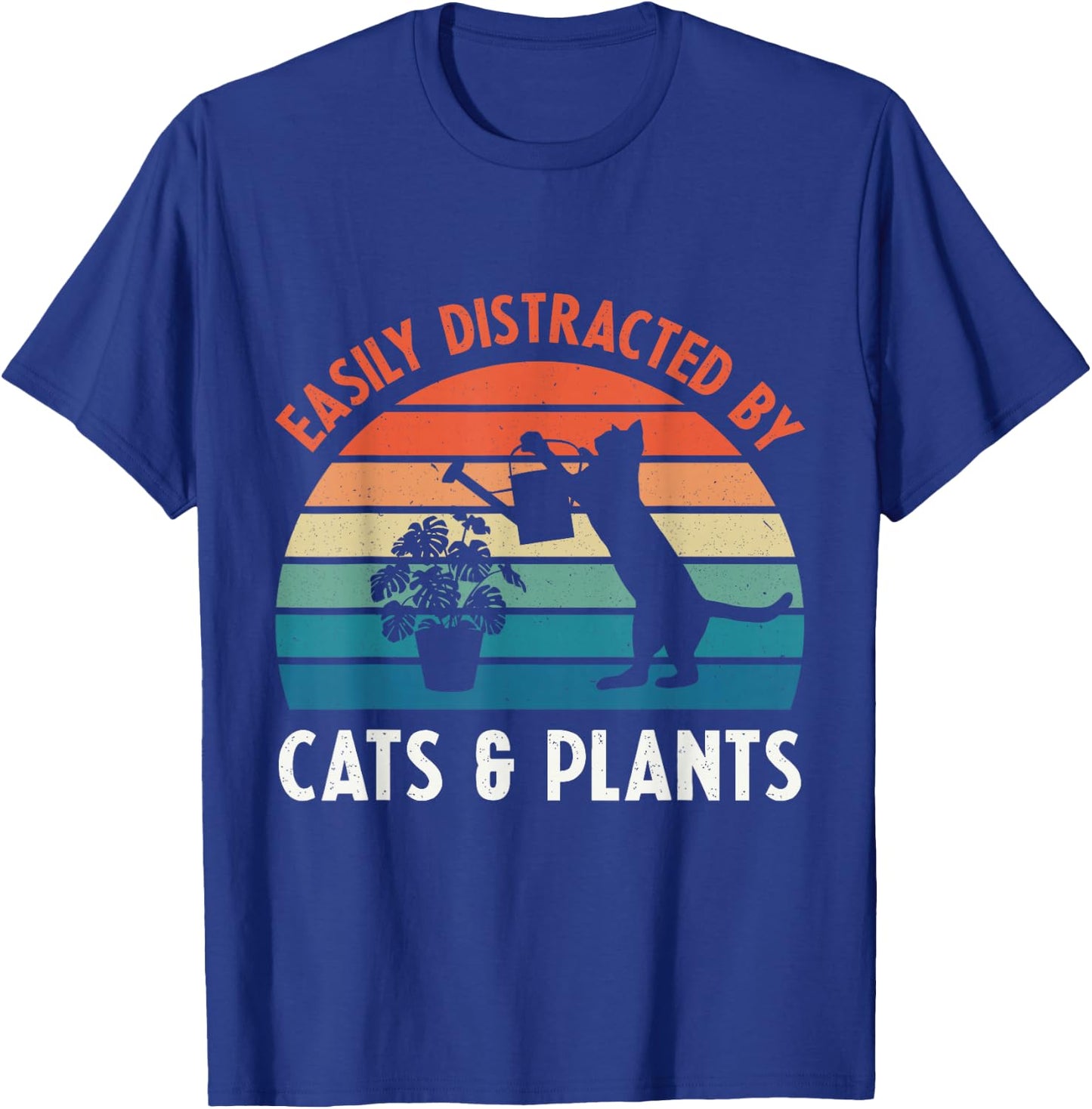 Easily Distracted By Cats & Plants Funny Gardening Cat Lover T-Shirt - T-Shirt | Royal