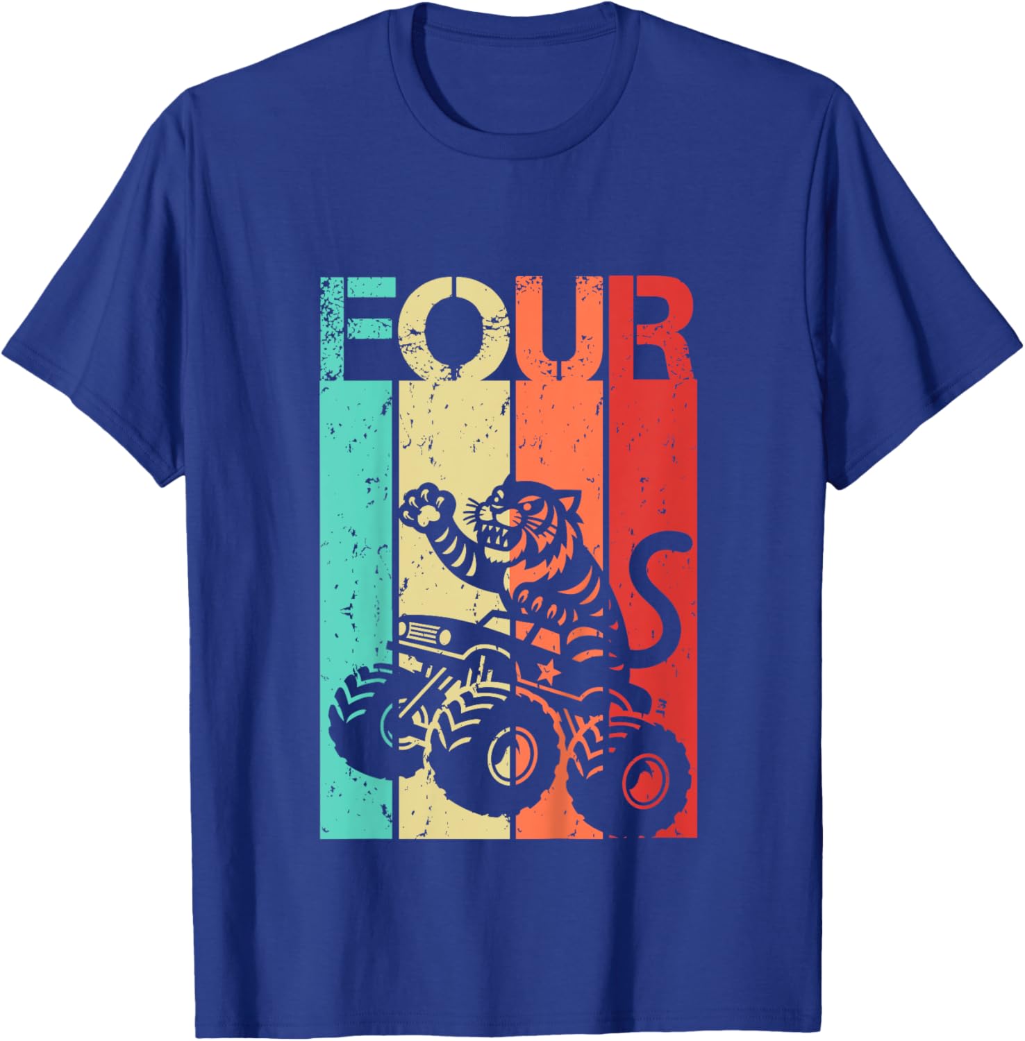 Kids 4th Birthday Boy Girl 4 Year Old Tiger And Monster Truck T-Shirt - T-Shirt | Royal
