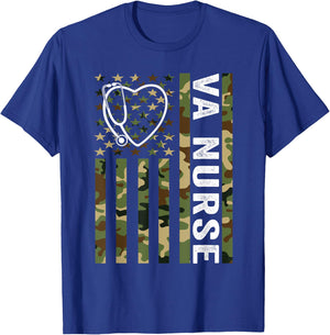 VA Nurse Camouflage American Flag Patriotic Medical Worker T-Shirt - T-Shirt | Royal