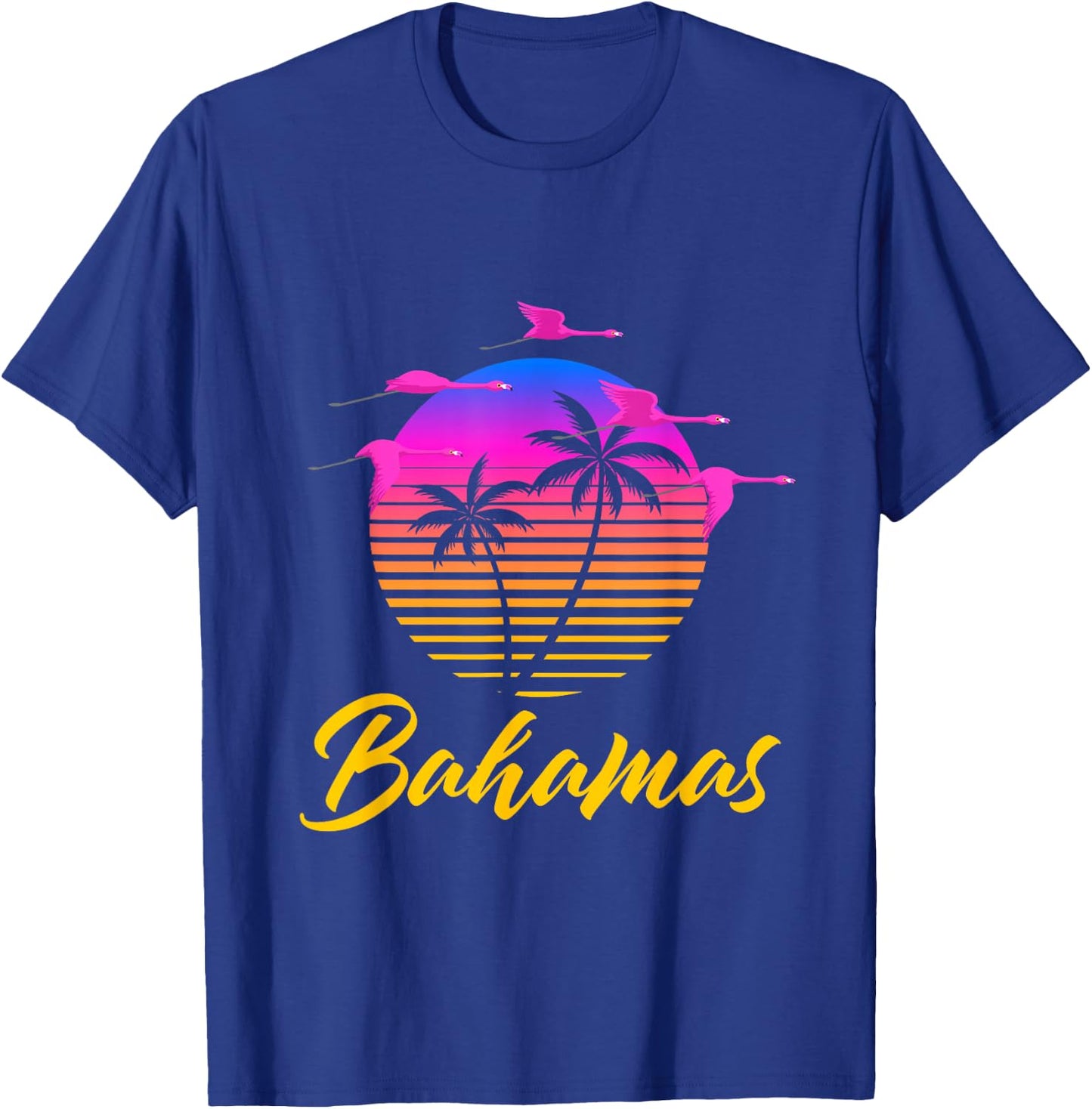 Bahamas Caribbean Retro Sunset Palm Tree Flamingo Vacation T-Shirt - T-Shirt | Royal