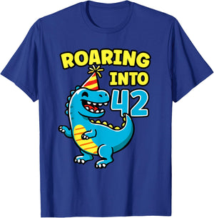 Roaring into 42 Dino 42nd Birthday Party 42 Years Funny T-Shirt - T-Shirt | Royal