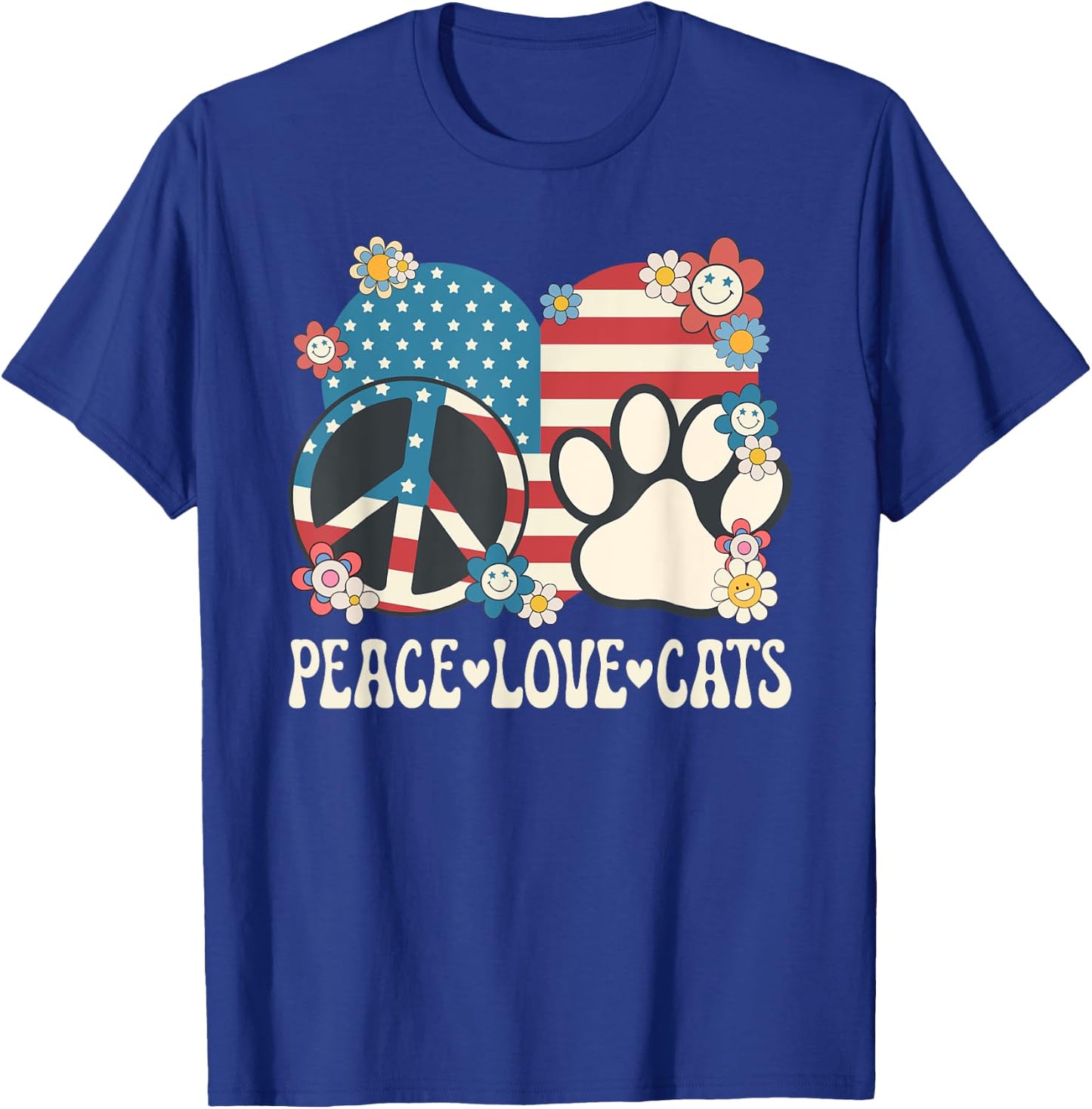 Peace Love Cats American Flag Patriotic Cat Lover Retro Cat Women Girls Kids T-Shirt - T-Shirt | Royal