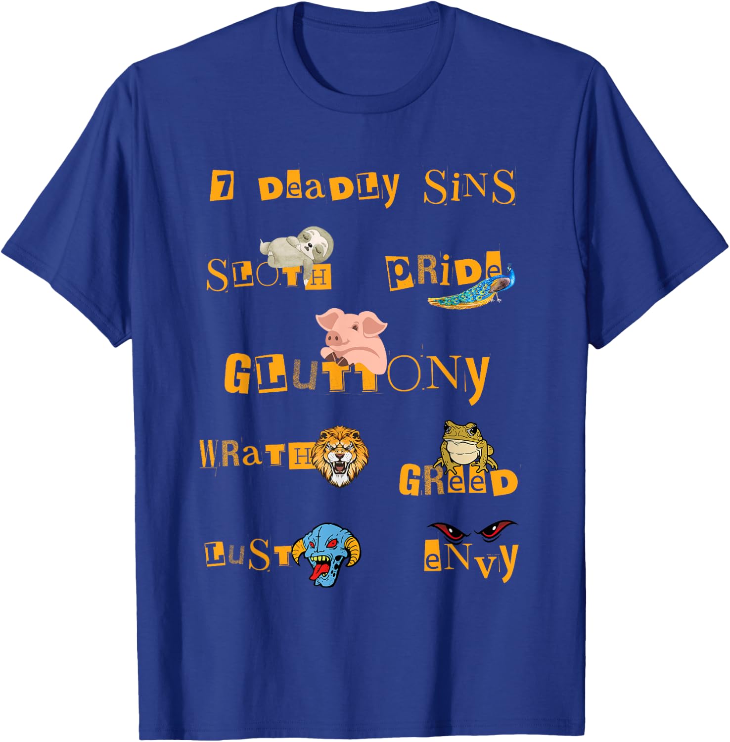 Seven Deadly Sins Lust Pride Gluttony Sloth Wrath Greed Envy T-Shirt - T-Shirt | Royal