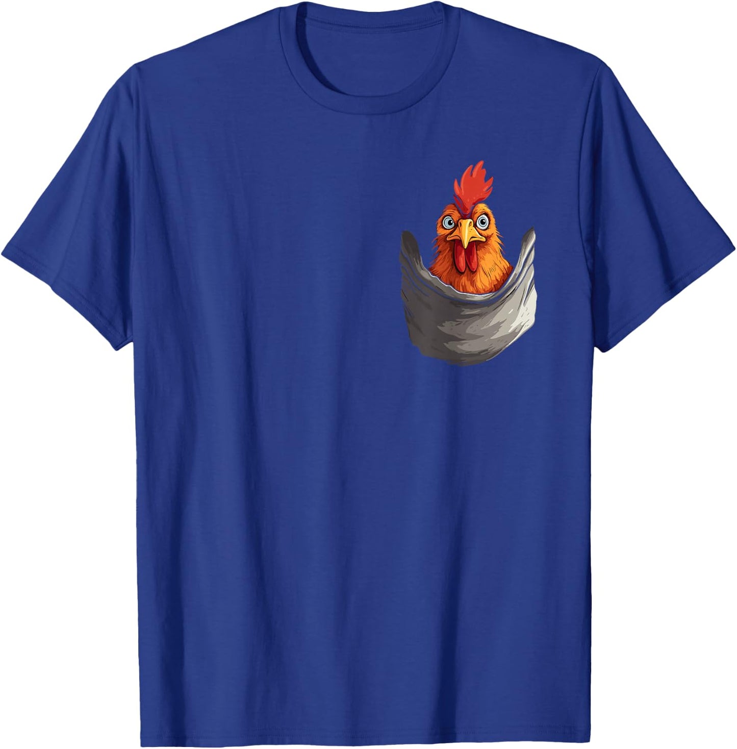 Fun print with hen in pocket, rooster, hen and farmer , Black, S T-Shirt - T-Shirt | Royal