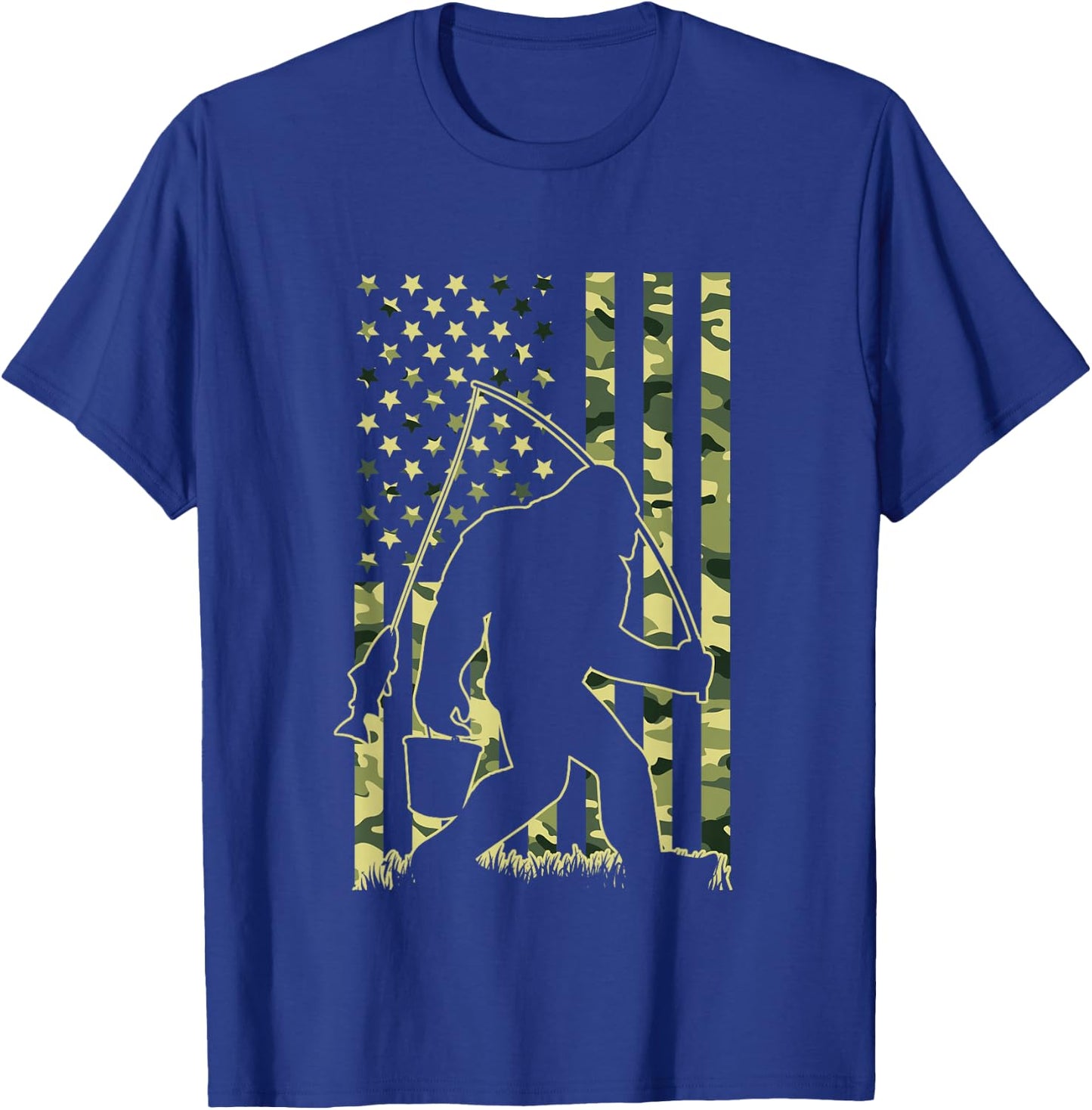 Bigfoot Fishing with Camo American Flag Funny Fisherman T-Shirt - T-Shirt | Royal