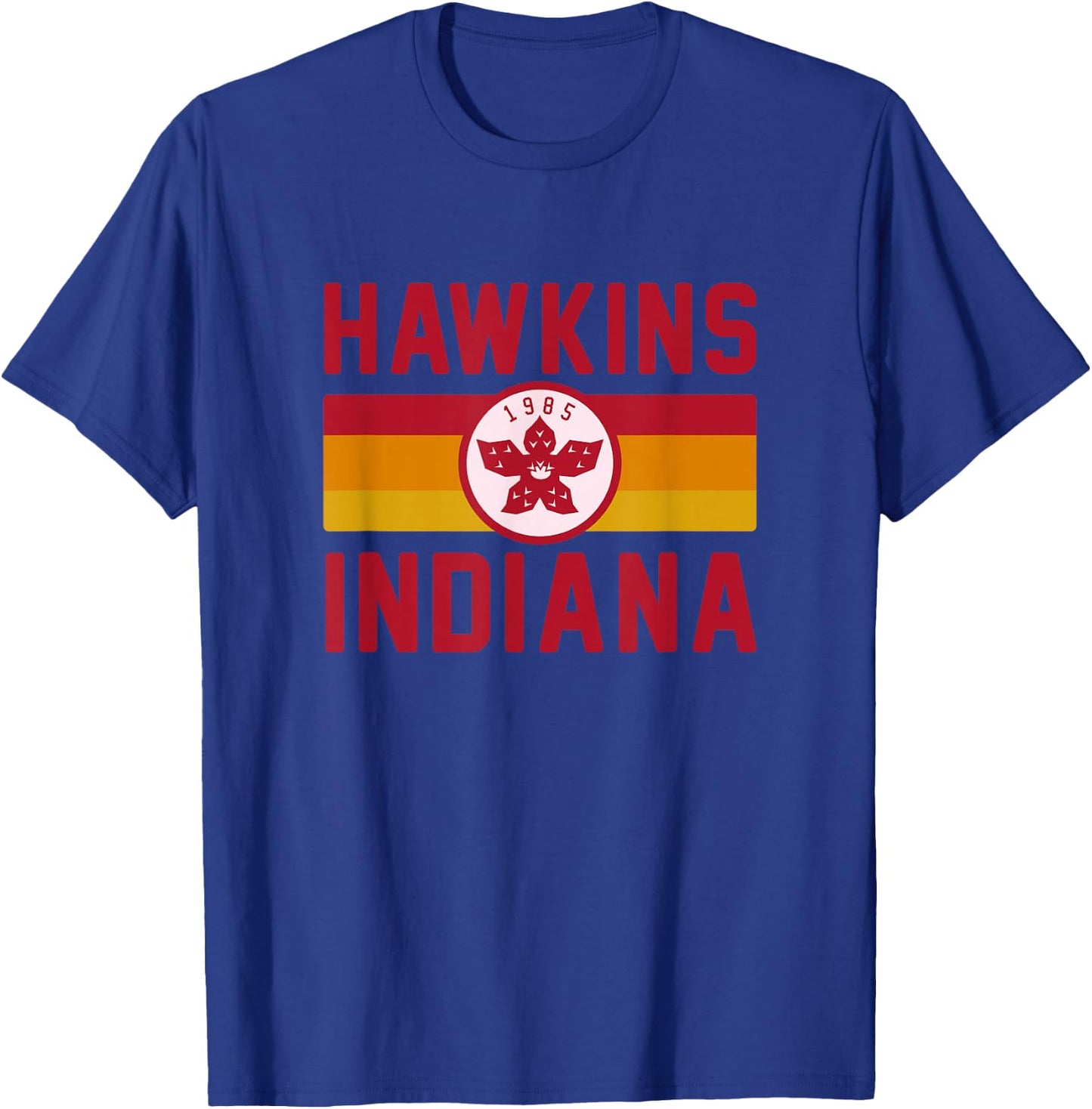 Stranger Things Hawkins Indiana 1985 Sunset Stripe Vintage T-Shirt - T-Shirt | Royal