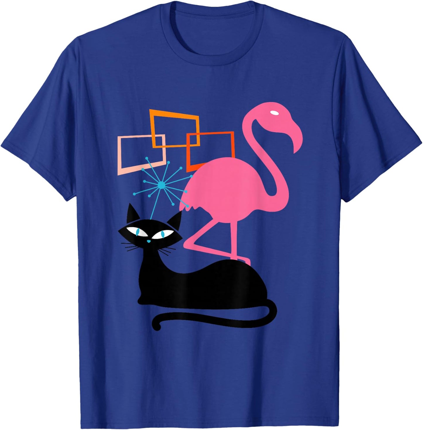 Flamingo and Cat Midcentury Mid Century Stardust Modern T-Shirt - T-Shirt | Royal