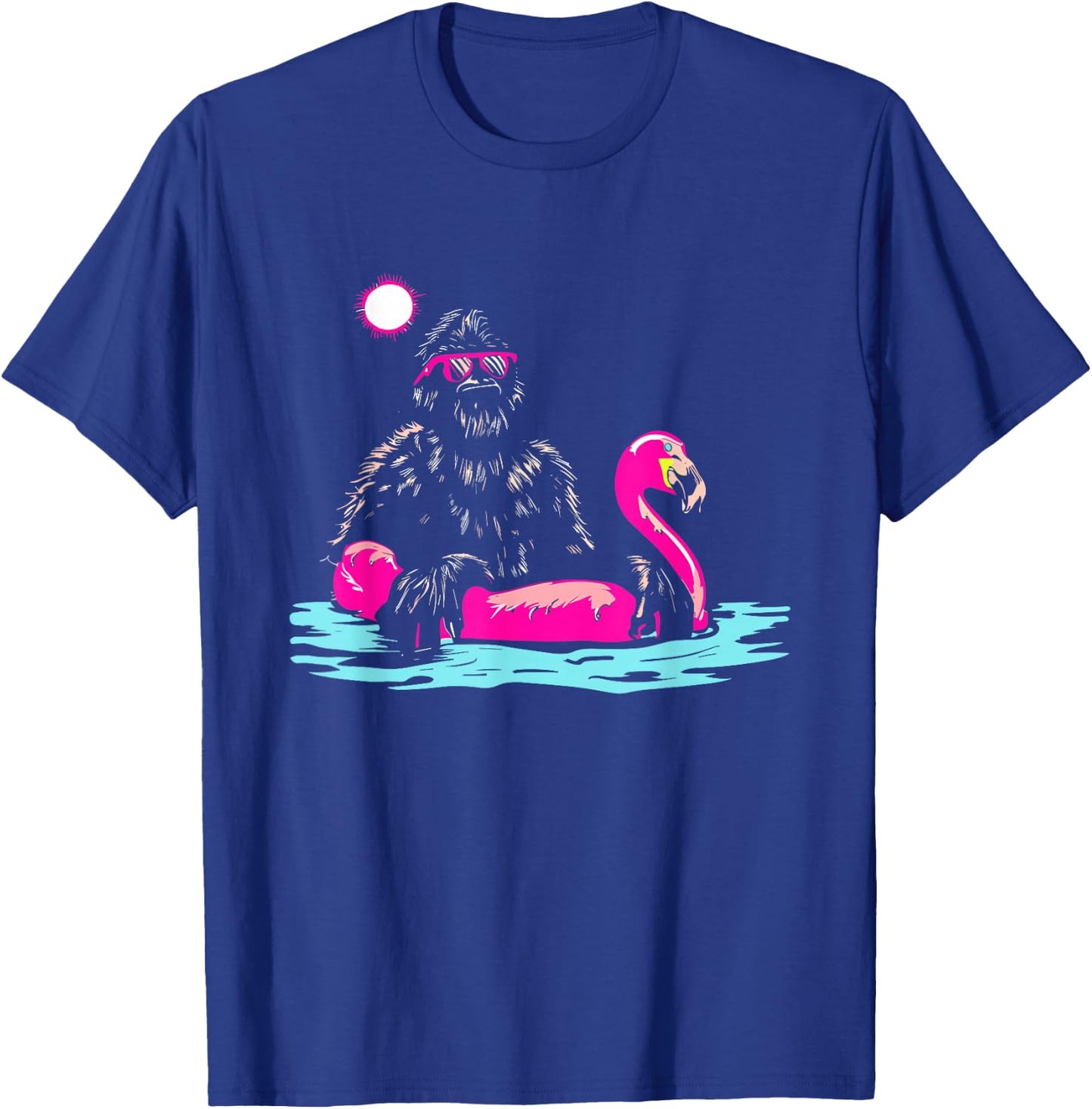 Bigfoot Pool Party Flamingo - Funny Sasquatch Pink Float T-Shirt - T-Shirt | Royal
