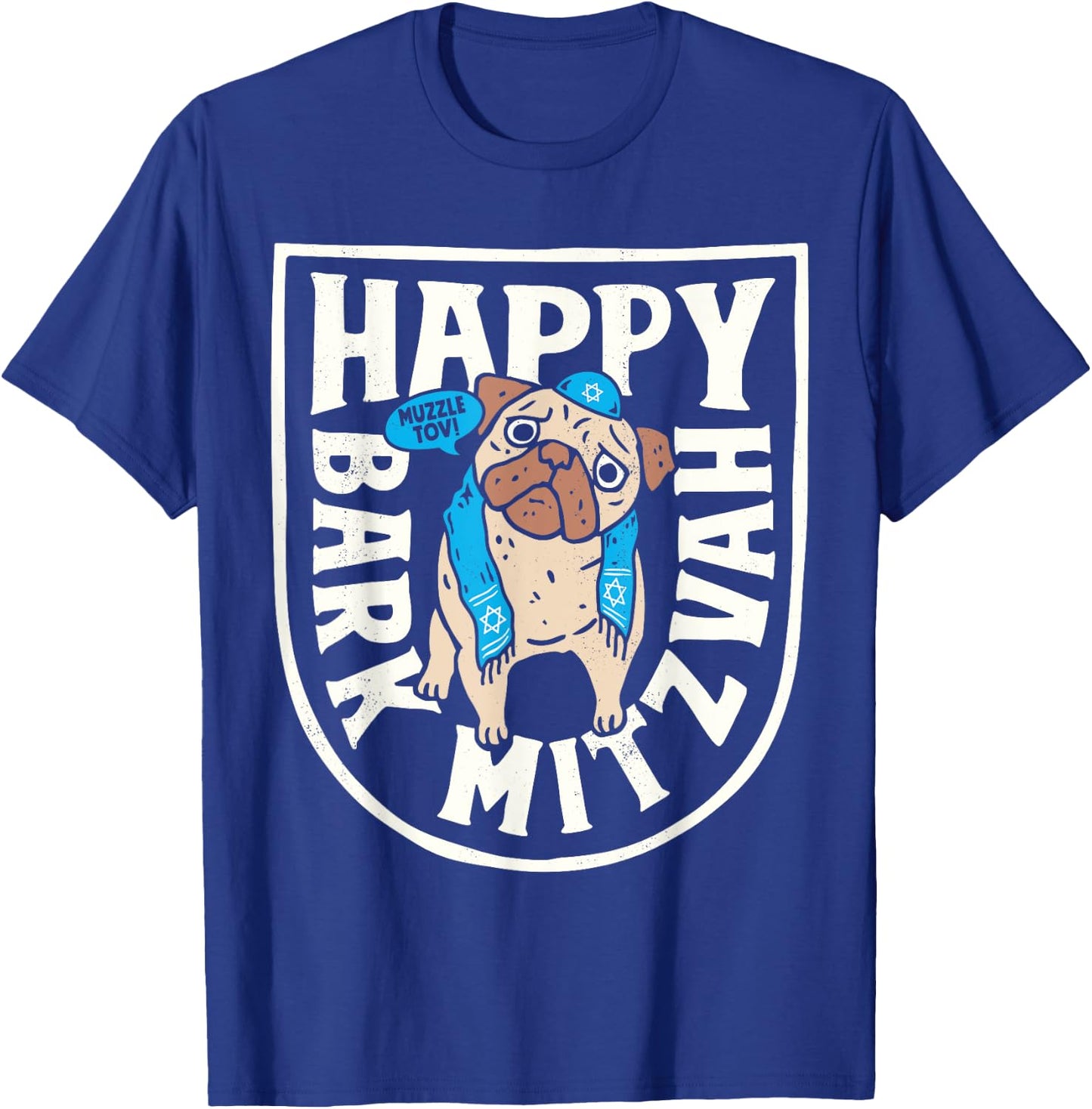 Hanukkah Pug Happy Bark Mitzvah Funny Jewish Chanukah Dog T-Shirt - T-Shirt | Royal