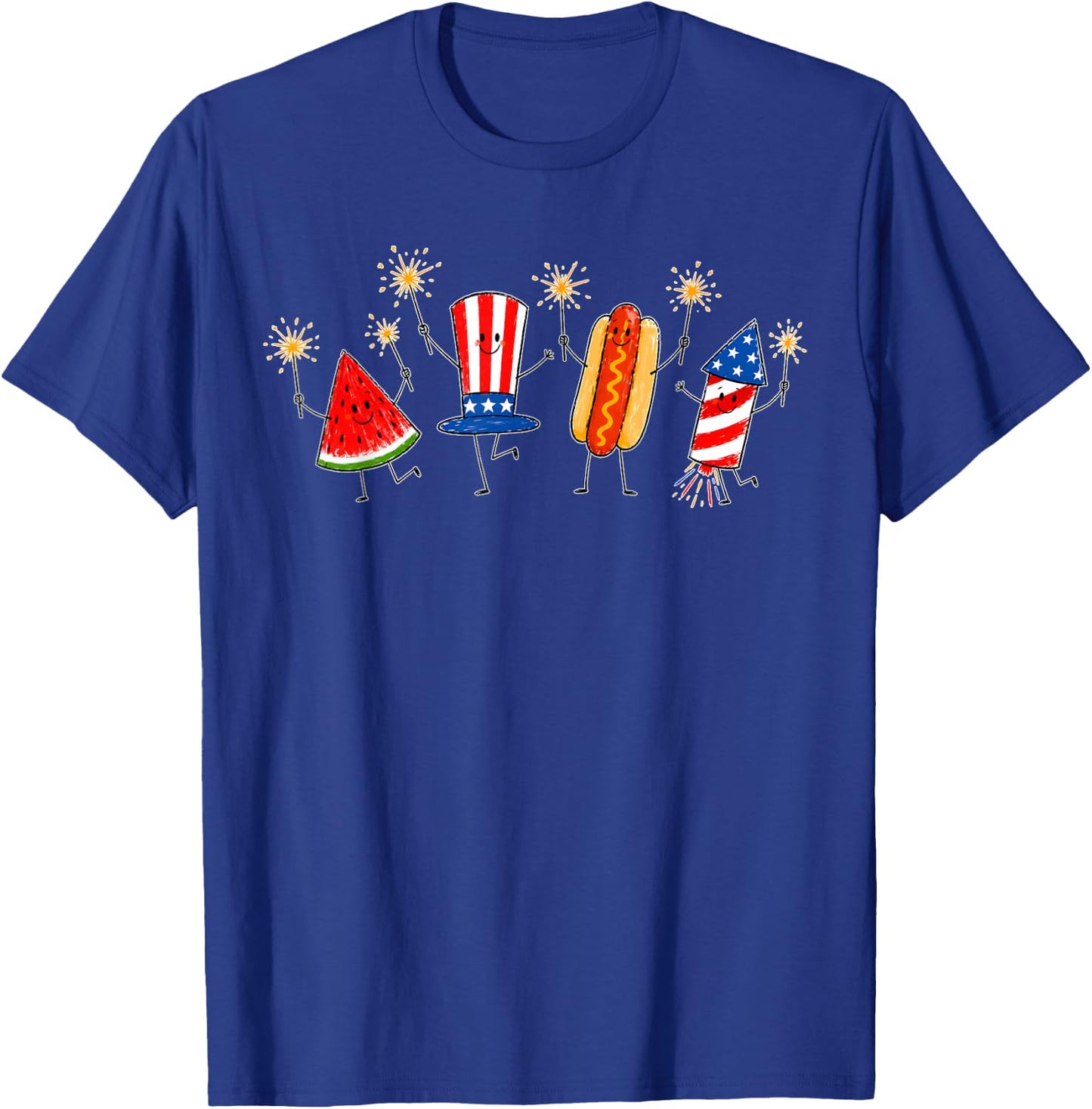 Fourth of July Patriotic Doodle Watermelon Hotdog Firework T-Shirt - T-Shirt | Royal