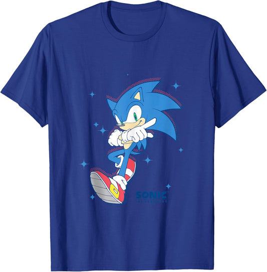 Sonic The Hedgehog Sonic Pointing Stance Star Background T-Shirt - T-Shirt | Royal