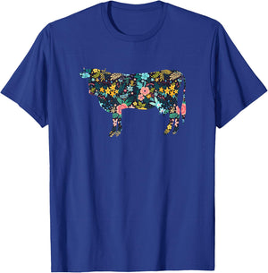 Floral Cow Silhouette Girls Cow Farm Animal T-Shirt - T-Shirt | Royal