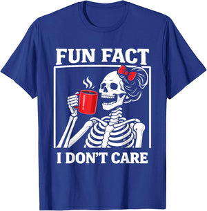 Fun Fact I Don't Care Skeleton Girl Coffee Red Bow T-Shirt - T-Shirt | Royal