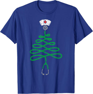 Stethoscope Christmas Tree Nurse Christmas Scrub Top Xmas T-Shirt - T-Shirt | Royal