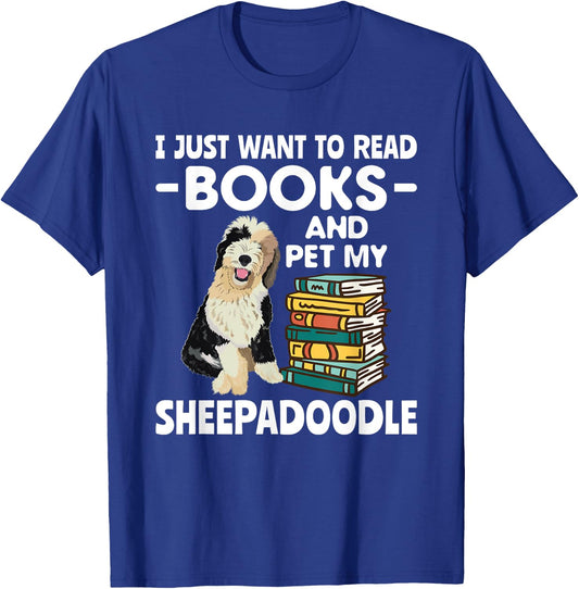 Books Reading Doodle Dog Sheepadoodle T-Shirt - T-Shirt | Royal