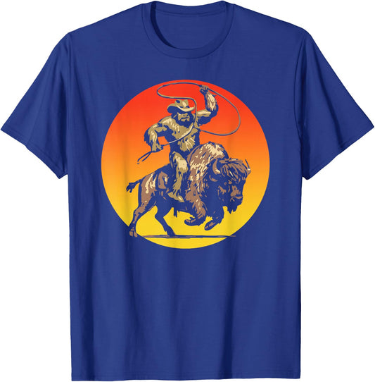 Sasquatch on a Bison Bigfoot Buffalo Outdoor Western T-Shirt - T-Shirt | Royal