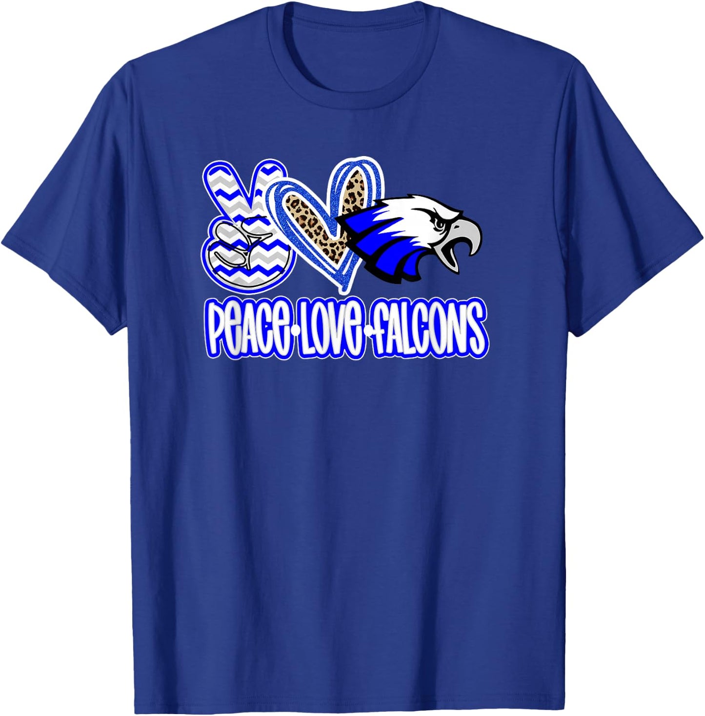 Peace Love Falcons School Spirit Blue White Falcons Mom T-Shirt - T-Shirt | Royal