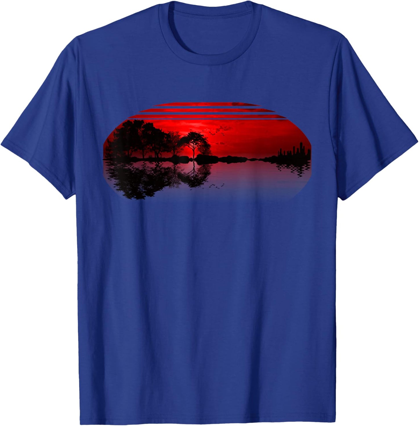 Guitar Sunset Sky Trees City Lake Reflection Special Design T-Shirt - T-Shirt | Royal