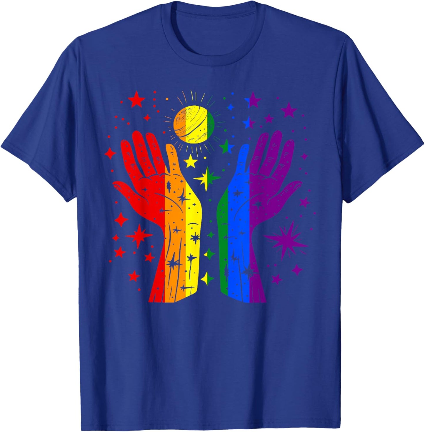 Rainbow Hands with Sun and Stars Gay Pride LGBT T-Shirt - T-Shirt | Royal