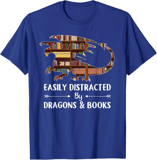 Easily Distracted by Dragon and Books Funny T-Shirt - T-Shirt | Royal