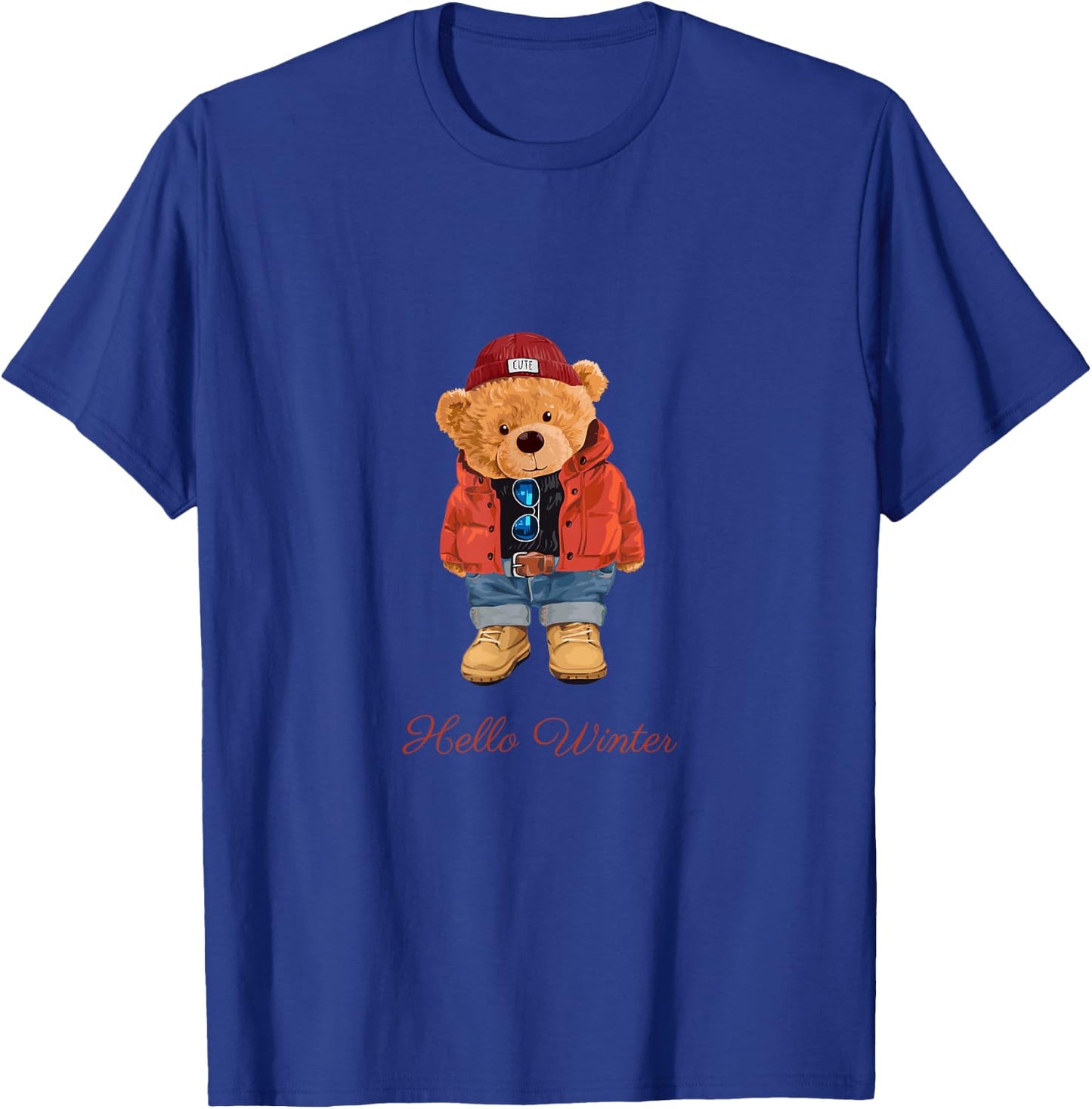 Hello Winter Cool Teddy Bear Cartoon Graphic Designs Fun T-Shirt - T-Shirt | Royal