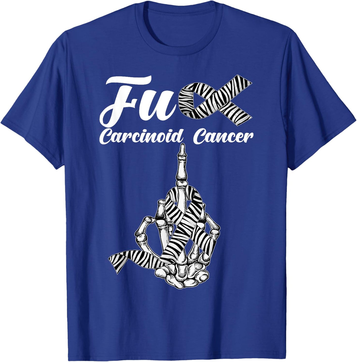 Skeleton Middle Finger Zebra Stripe Ribbon Carcinoid Cancer T-Shirt - T-Shirt | Royal