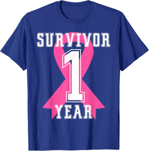 1 One Year Free Survivor Breast Cancer Awareness Pink Ribbon T-Shirt - T-Shirt | Royal