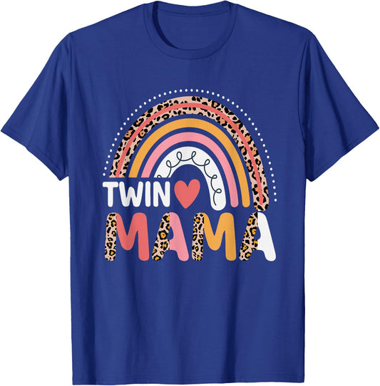 Twin Mama Mothers Day Funny Leopard Rainbow New Mom of Twins T-Shirt - T-Shirt | Royal