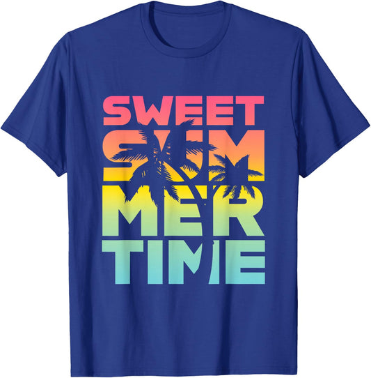 Summer Time Summer Retro Colourful Happy Holiday Palm Trees Beach , black T-Shirt - T-Shirt | Royal