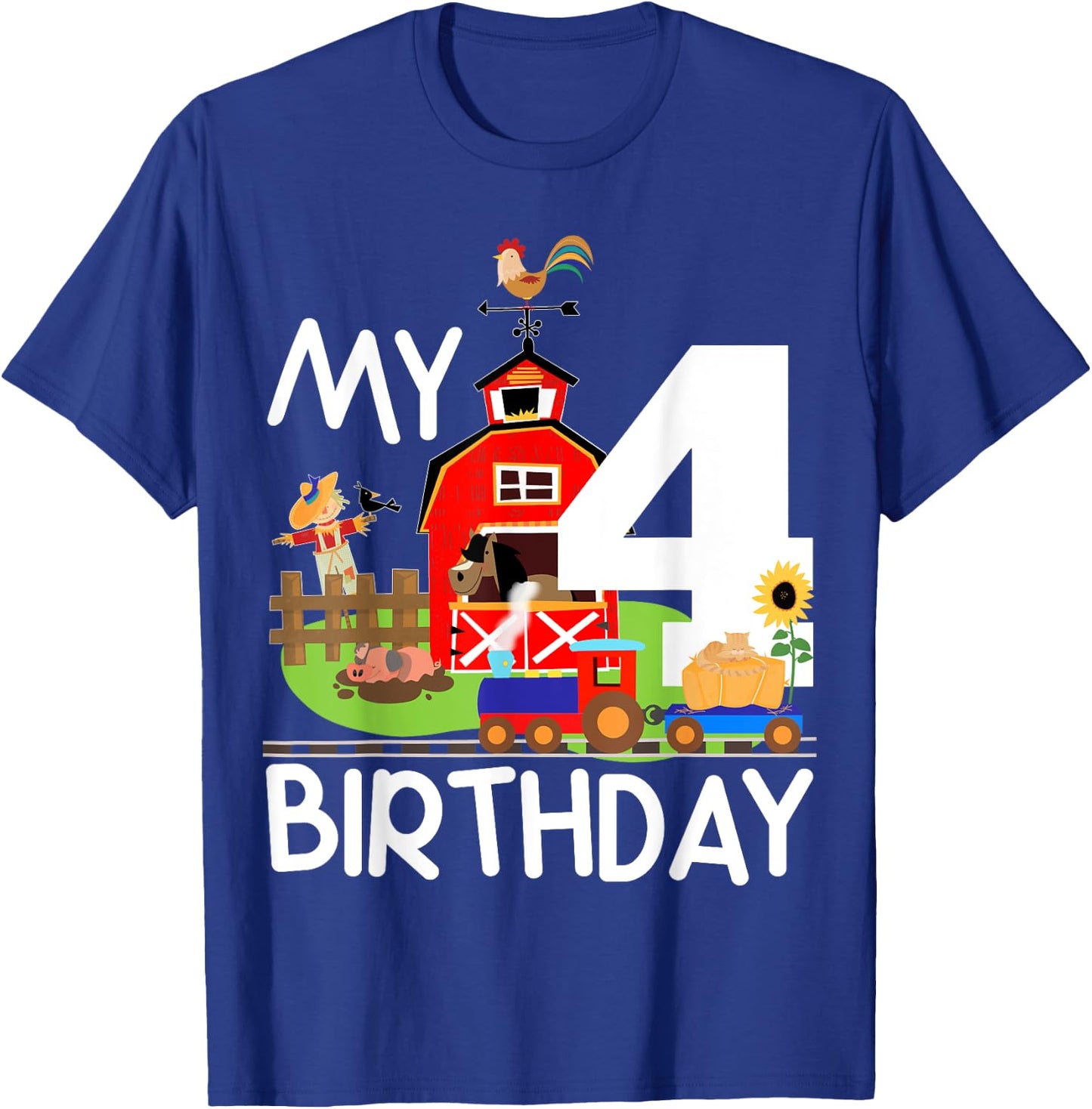 4th Birthday Farm Birthday Train Party Cow Pig Horse Chicken T-Shirt - T-Shirt | Royal