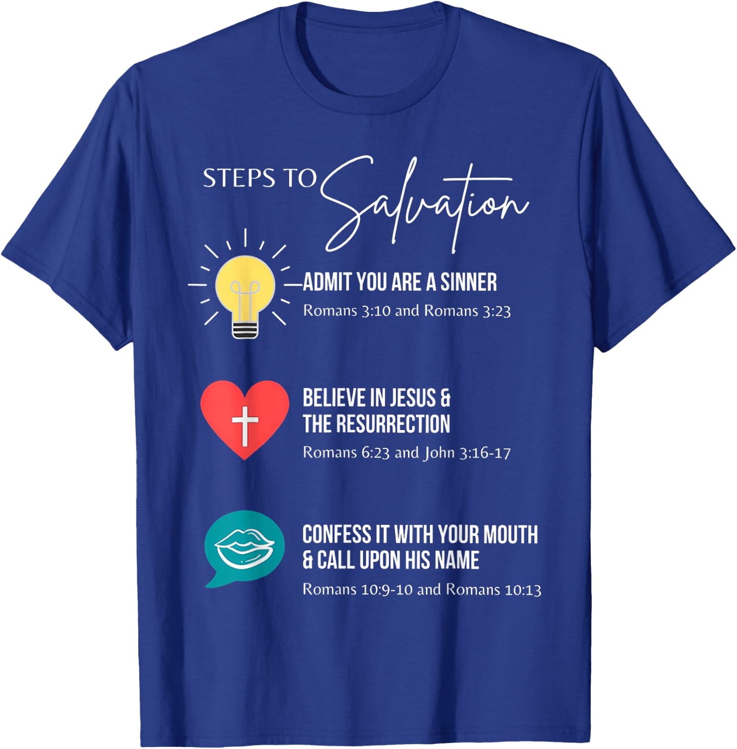 Steps To Salvation Romans 10;9 Thru 13 John 3 16 Christian T-Shirt - T-Shirt | Royal