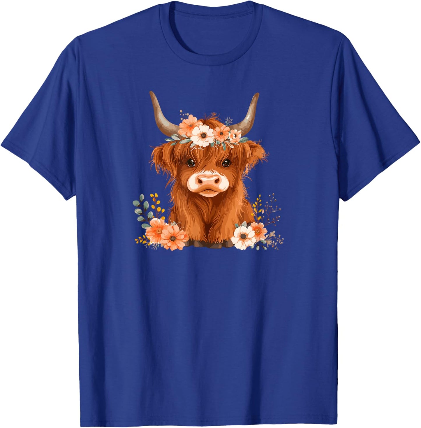 Highland Cow Cattle Flower Floral Crown Watercolor T-Shirt - T-Shirt | Royal