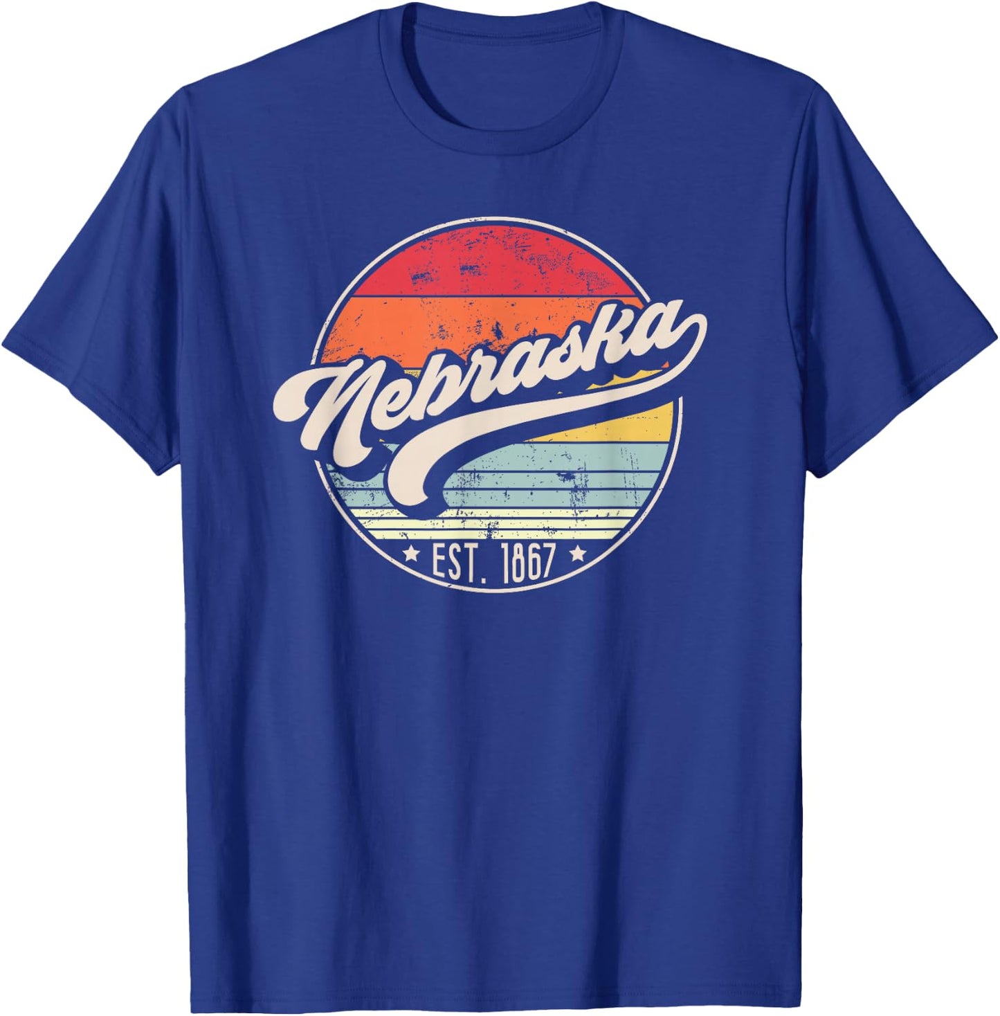 Retro Nebraska Home State NE Cool 70s Style Sunset T-Shirt - T-Shirt | Royal