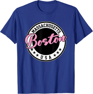 Boston Massachusetts Script Circle Pink Text T-Shirt - T-Shirt | Royal