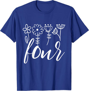 Floral Four 4 Year Old 4th Birthday Gift Fourth Girl Toddler T-Shirt - T-Shirt | Royal