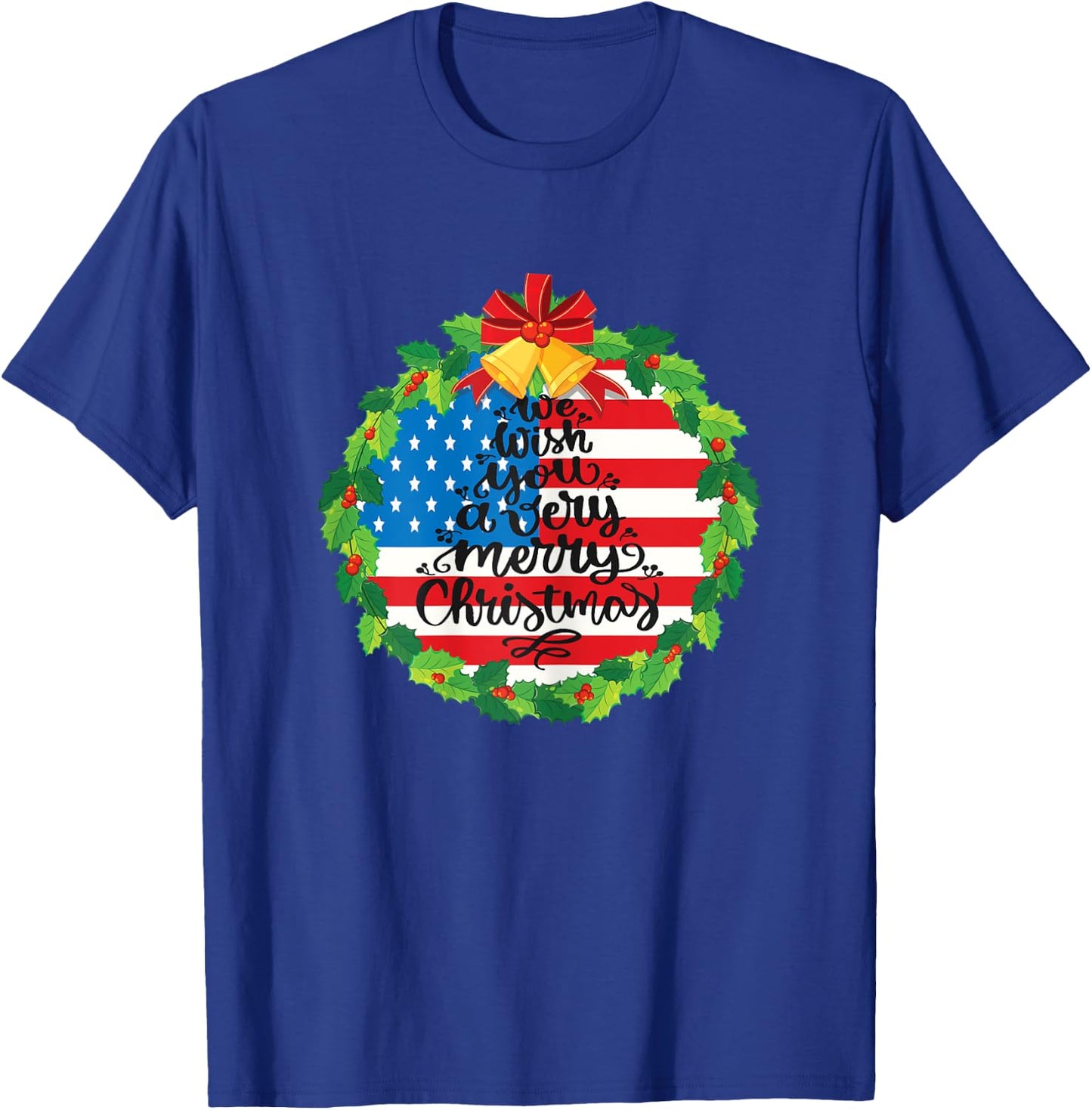 Merry Christmas Wreath Bells Funny Usa Flag Beautiful Cute T-Shirt - T-Shirt | Royal