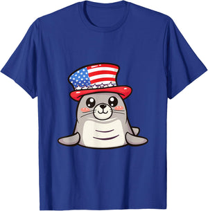 Cute Seal USA Flag | 4th Of July T-Shirt - T-Shirt | Royal