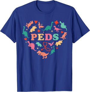 Pediatric Nurse Crew Cute Colorful Dinosaur Heart PEDS Squad T-Shirt - T-Shirt | Royal