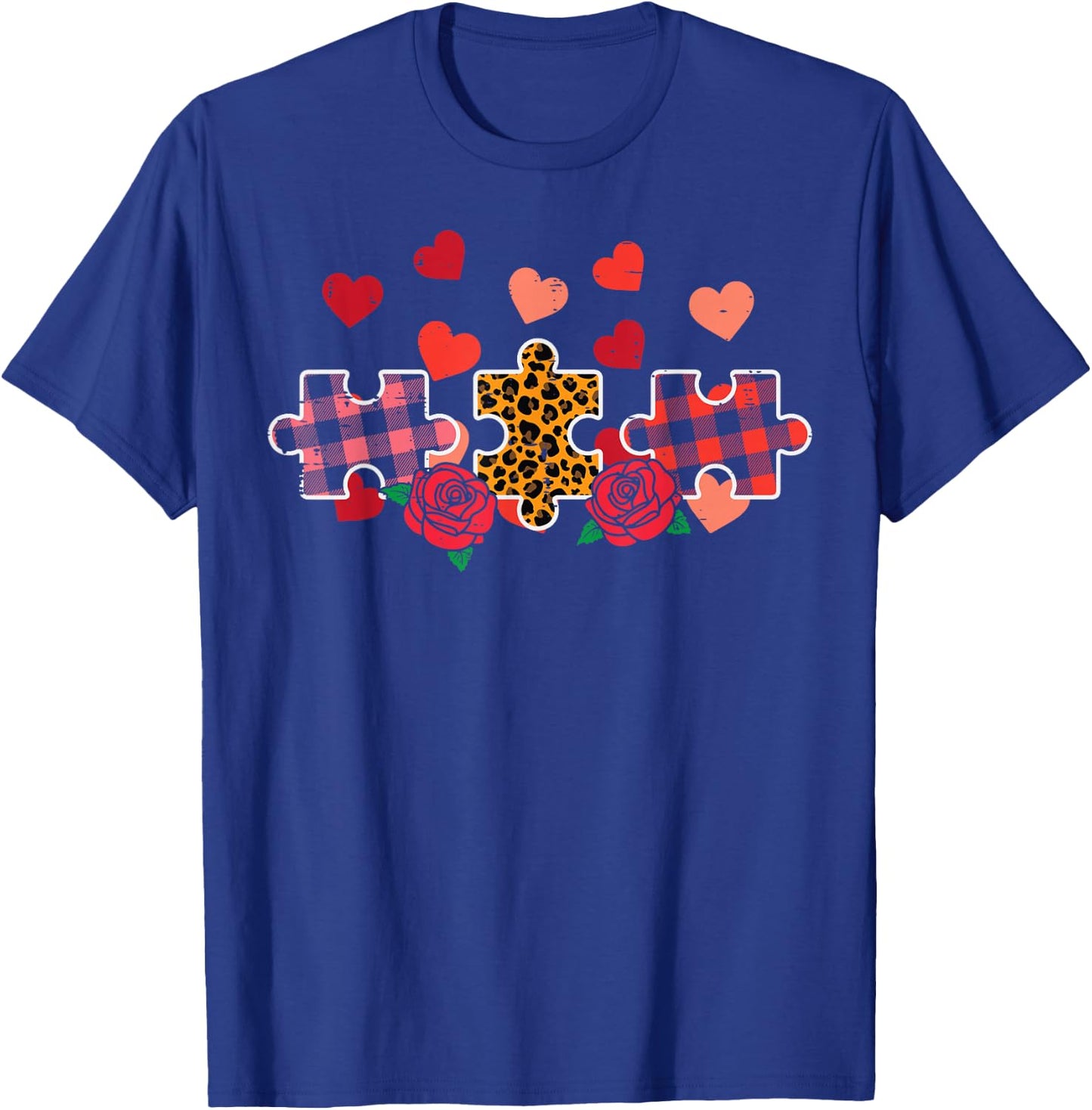 Valentines Day Leopard Plaid Autism Puzzle Women Girls Kids T-Shirt - T-Shirt | Royal
