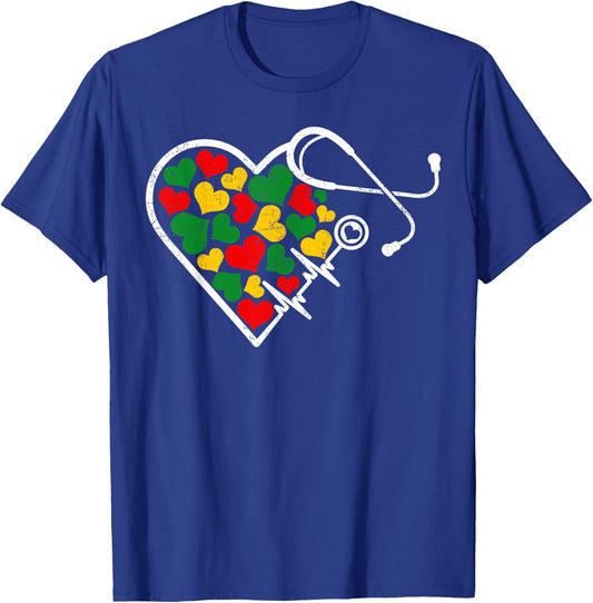 Juneteenth Nurse Stethoscope & Heartbeat Afro Women Girls T-Shirt - T-Shirt | Royal