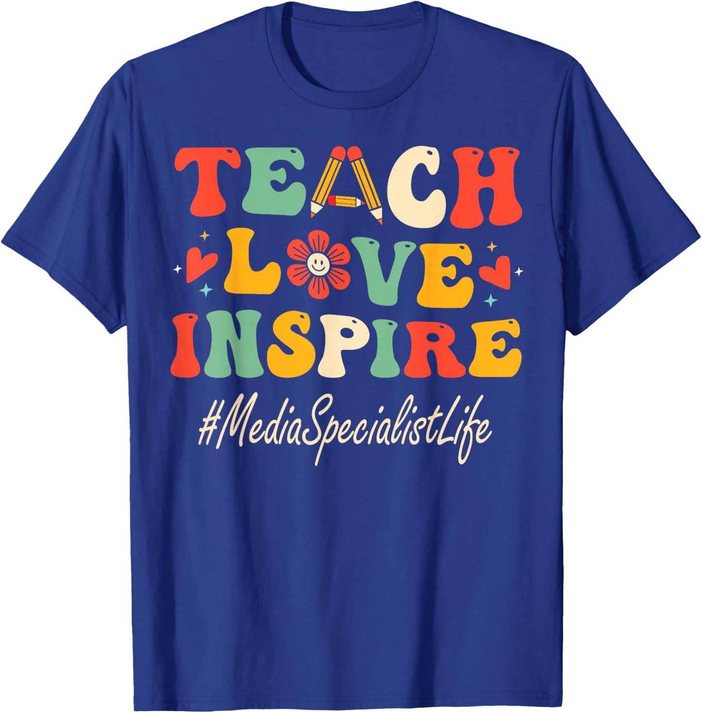 Media Specialist Teach Love Inspire Groovy Bach to School T-Shirt - T-Shirt | Royal
